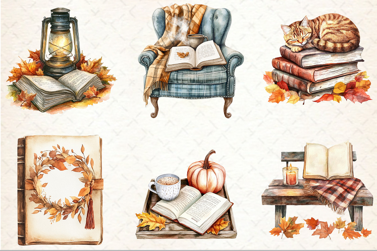 Watercolor Autumn Cozy Reading Clipa, an Illustration by Rose Art (Photo 3 of 7)