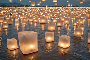 Floating lanterns on water during As, a Photo by Dvoevnore photos