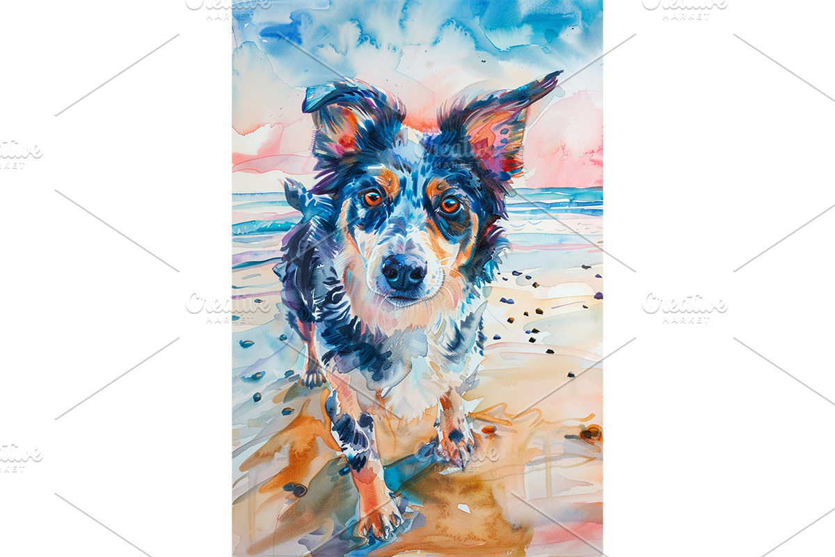 Multicolored Beach Dog Watercolor, an Animal Illustration by Art Paradise Studios
