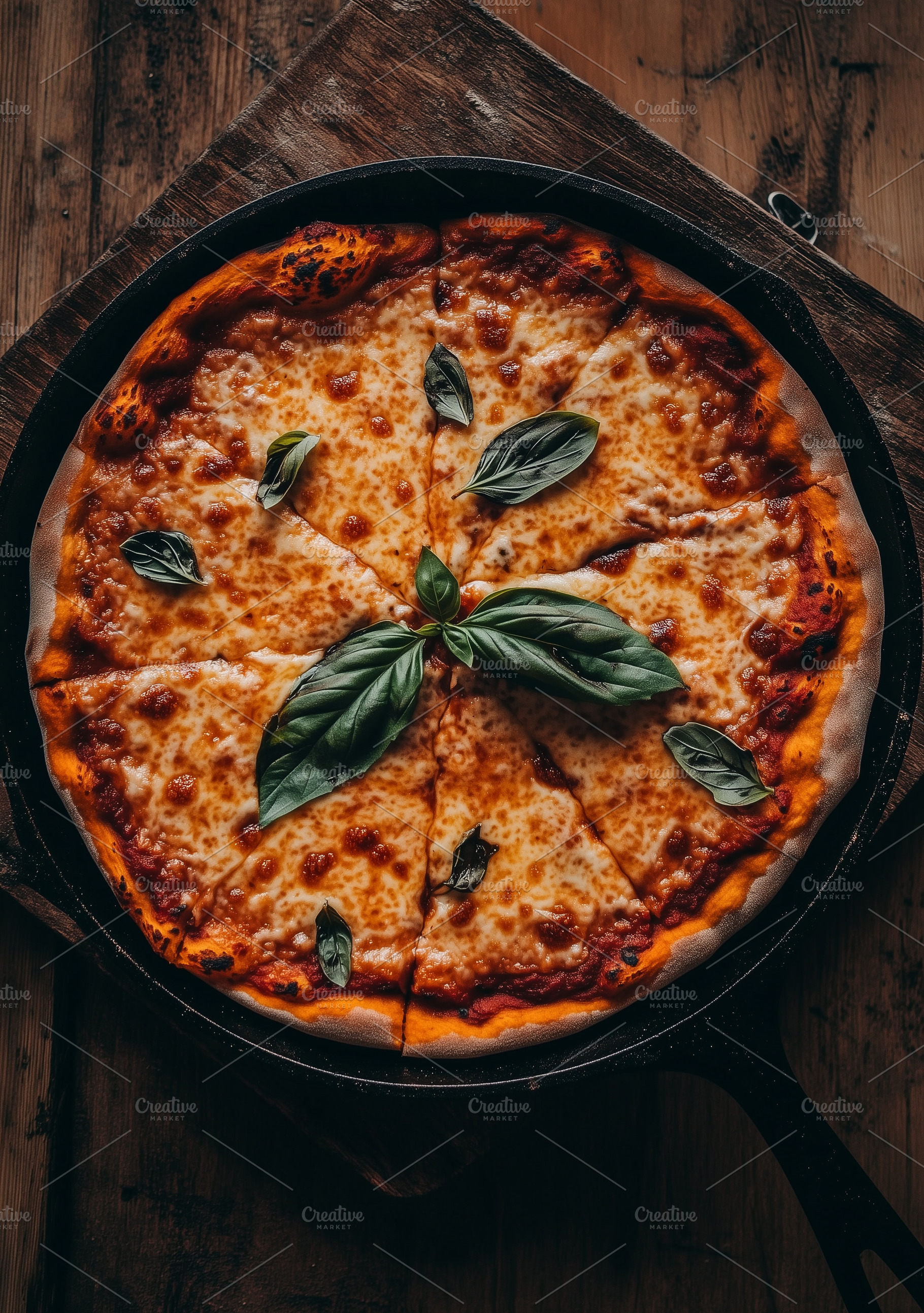 Skillet pizza with cheese and basil, a Food & Drink Photo by MistyDay
