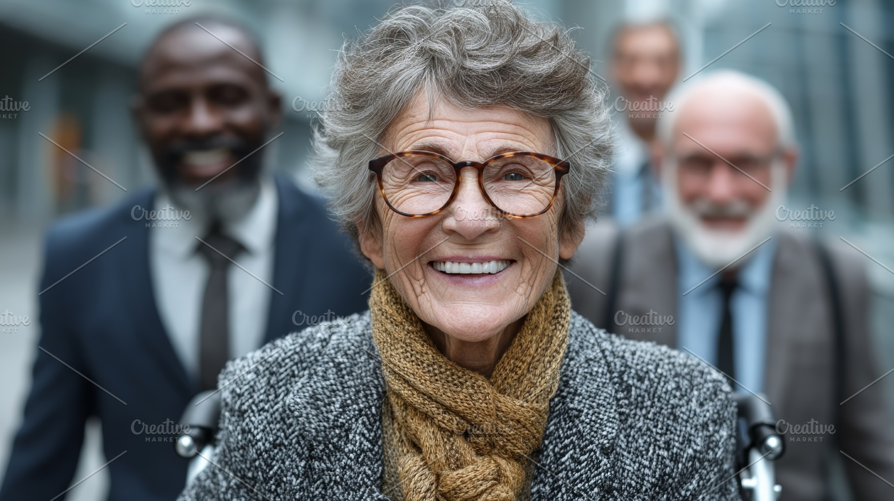 Group of senior professionals smiling outdoors in a friendly and inspiring sett, a Photo by AS photostudio