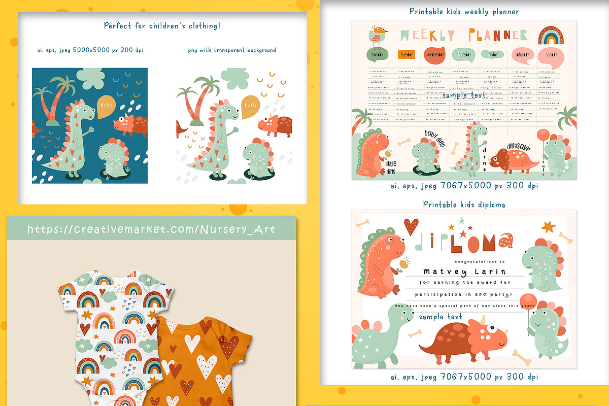 Dinosaur clipart & patterns bundle, an Animal Illustration by Nursery Art (Photo 7 of 10)
