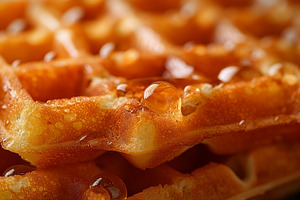 Golden, crispy waffles topped with glistening syrup droplets, pe, a Food & Drink Photo by ImageMir