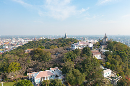 Aerial top view of Phra Nakhon Khiri Historical Park or Khao Wan, a Background Photo by Tampatra