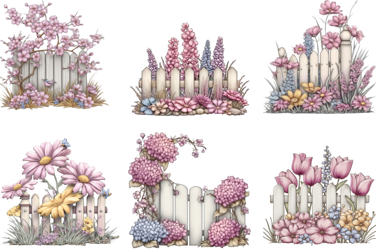 Watercolor Fence Flowers Clipart, an Illustration by Designking (Photo 3 of 5)