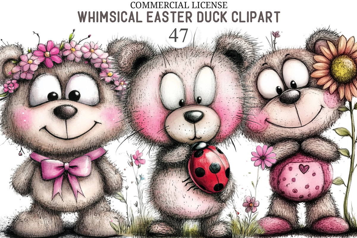 Whimsical Spring Teddy Bear Clipart, an Animal Illustration by designcity5 (Photo 1 of 5)