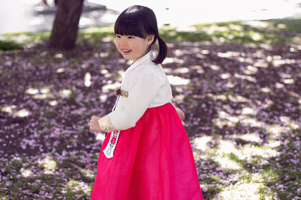 Korean girl child in a national costume walks in a garden with cherry blossoms, a Person Photo by SaulichPhoto