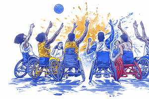 Wheelchair basketball team playing an exciting game on a dynamic court, an Illustration by AS photostudio