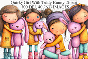 Quirky Girl With Teddy Bunny Clipart, an Illustration by Canvas Craft (Thumbnail 1 of 7)