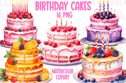 Birthday Cakes Watercolor Clipart