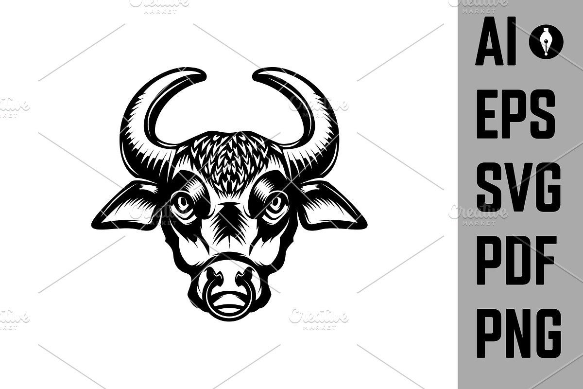 Set of bull heads isolated on white, an Animal Illustration by Vectorhight (Photo 3 of 4)
