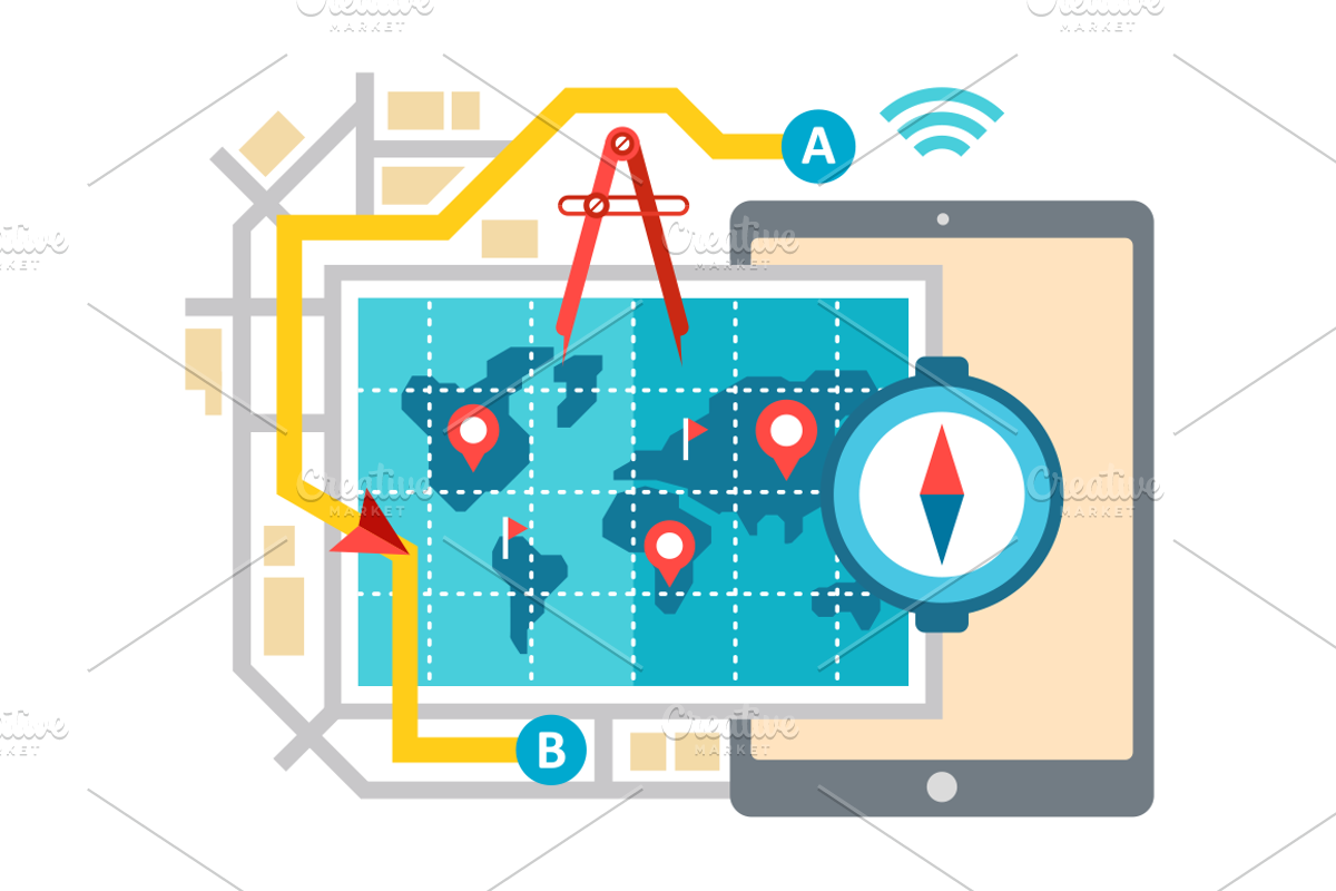 GPS Map Navigation and Routing, an Illustration by Kit8.net