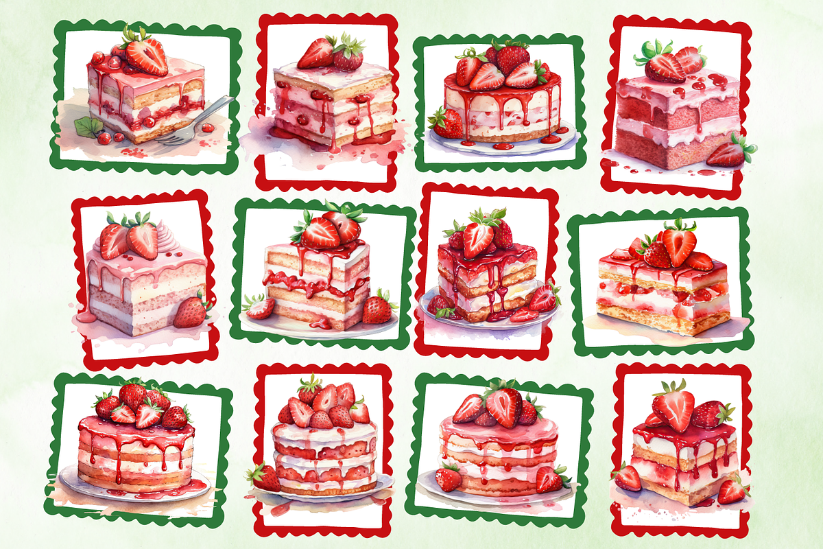 Strawberry Cake Watercolor Clip Art, a Food Illustration by Whimsy & Wishes (Photo 3 of 5)