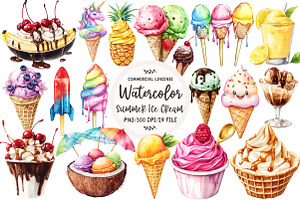 Watercolor Summer Ice Cream Clipart, an Illustration by OK Design