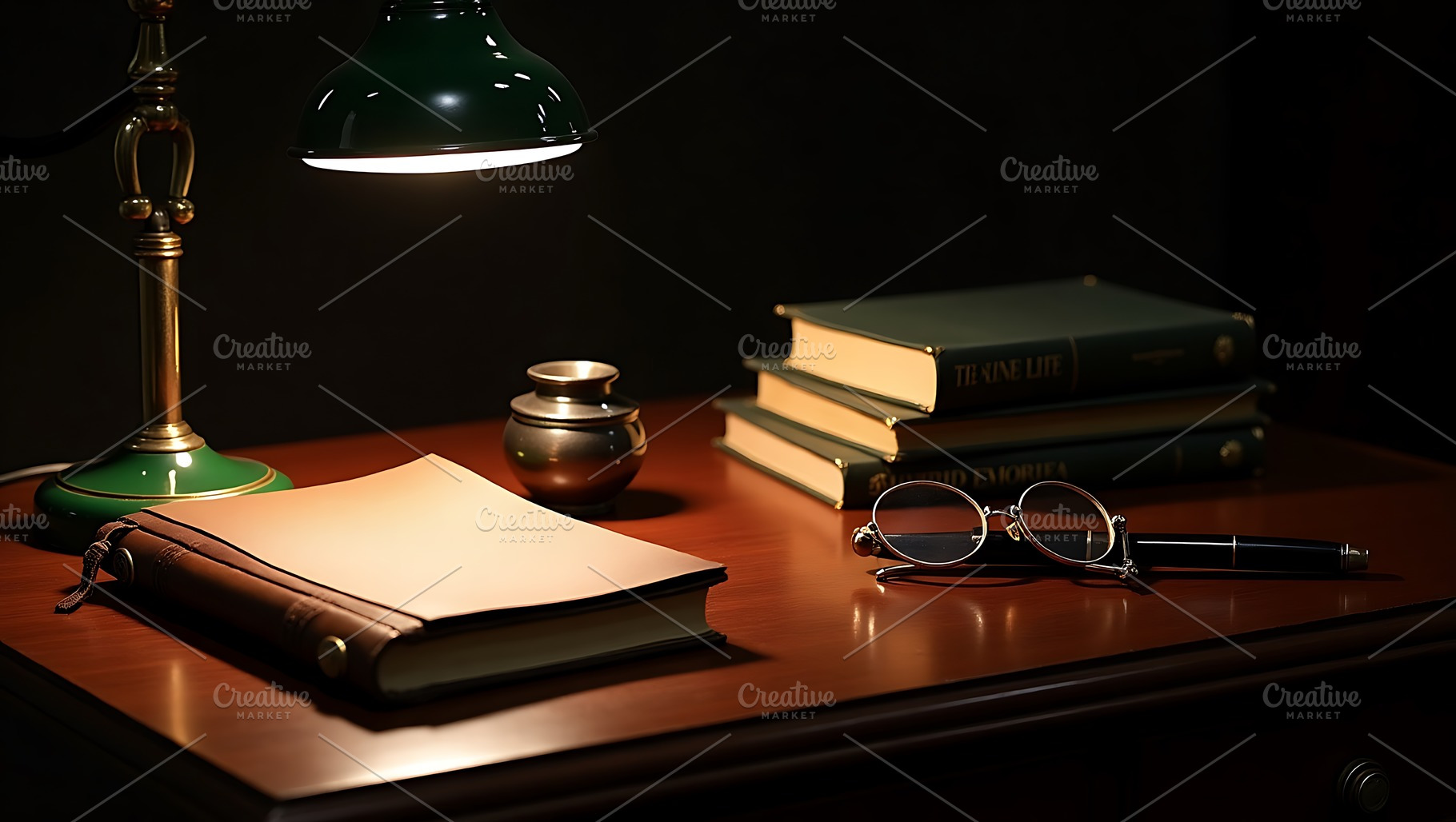 Vintage Desk with Green Lamp Books, a School & Education Photo by Artonix