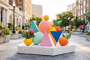 Colorful art installation featuring geometric shapes in a city street setting d, an Abstract Photo by AlyaAnd