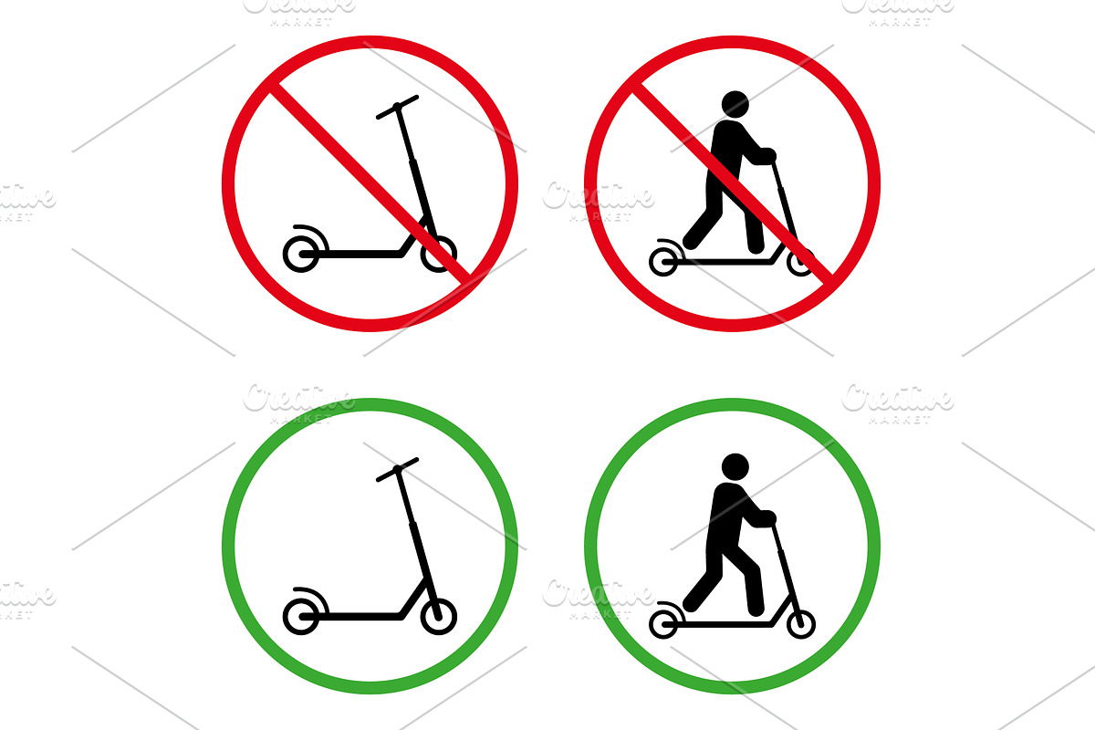 Man on Kick Scooter Forbidden Sign, a Transportation Illustration by Vector Creator