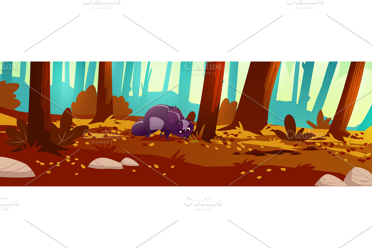 Autumn forest landscape with skunk, an Illustration by art PVP - market