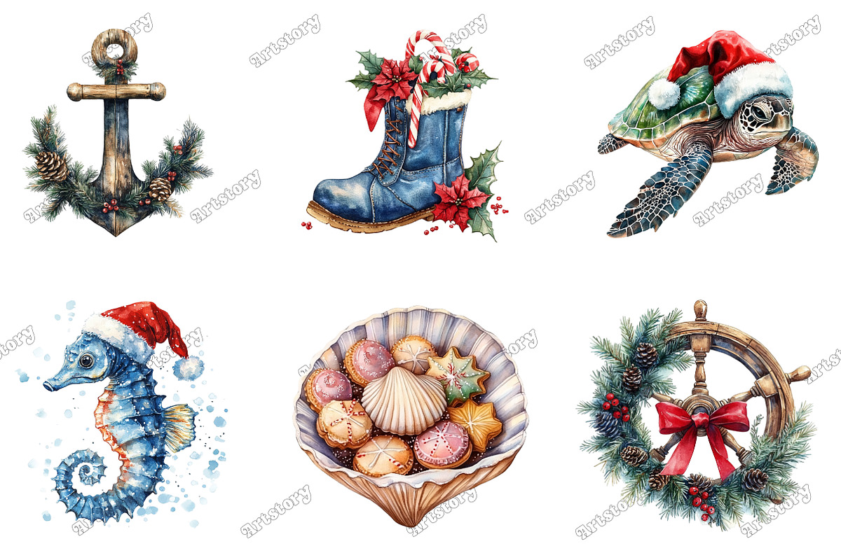 Watercolor Nautical Christmas Clipar, an Illustration by designcity5 (Photo 2 of 5)