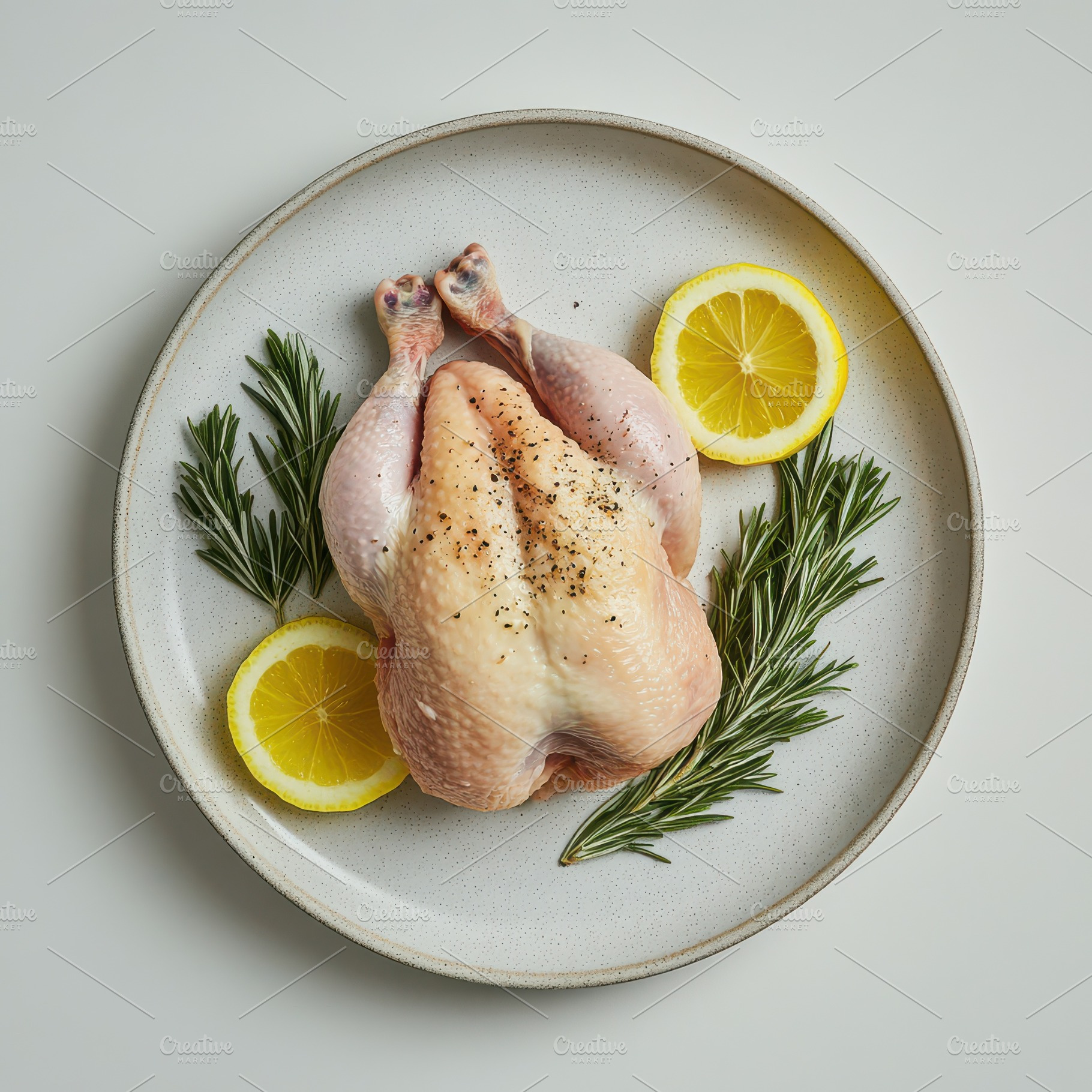 Chicken on white plate with lemon an, a Food & Drink Photo by Pixeness Studio
