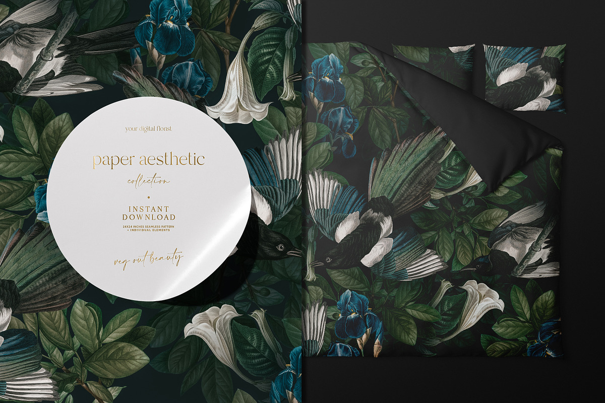 Magpie Birds Floral Pattern, a Pattern Graphic by paper aesthetic (Photo 6 of 9)