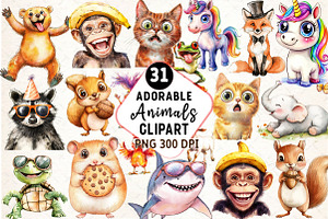 Adorable Crazy Animal Clipart, an Illustration by Watercolor design