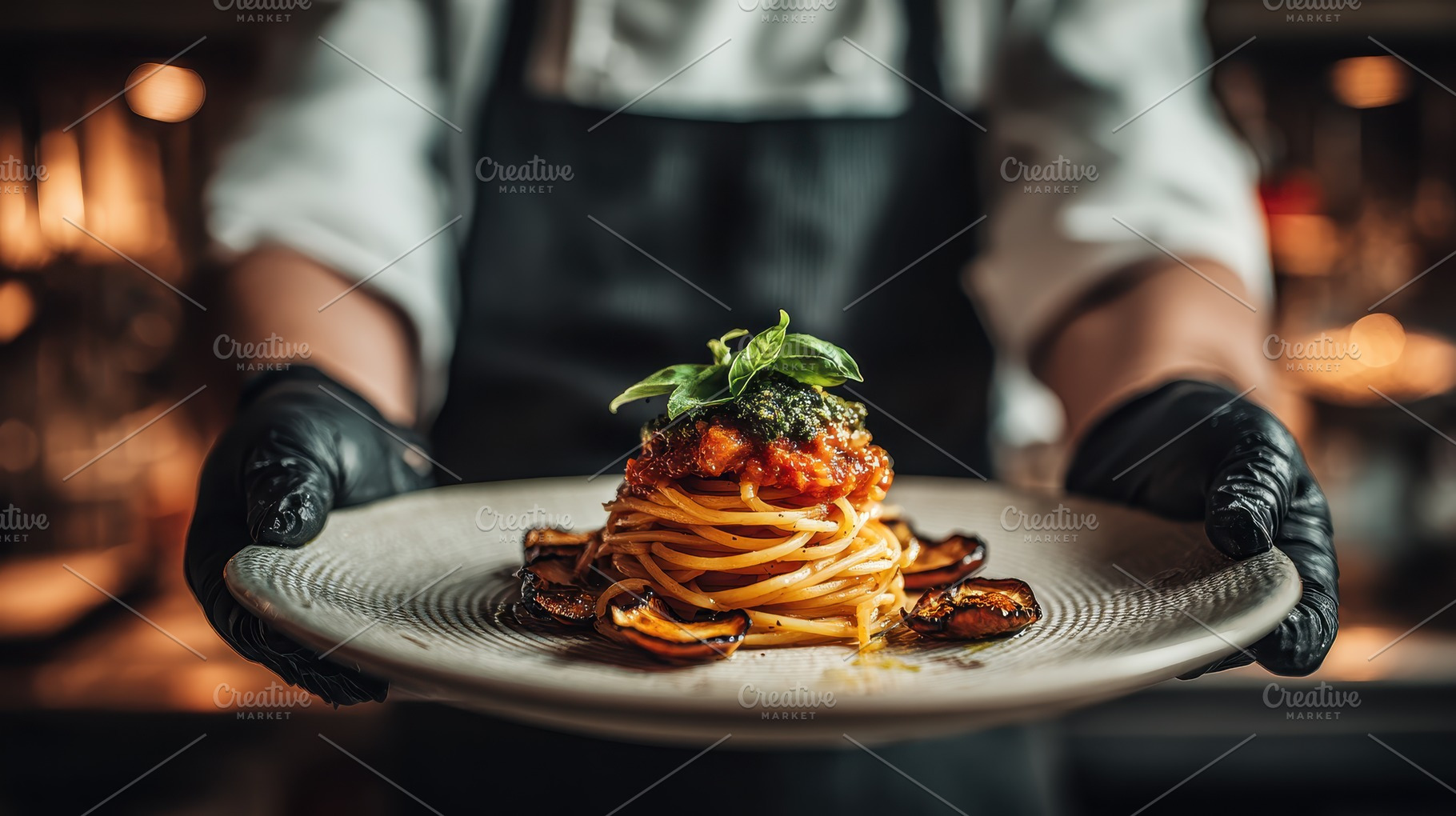 Chef presenting delicious pasta dish, a Photo by Pixeness Studio