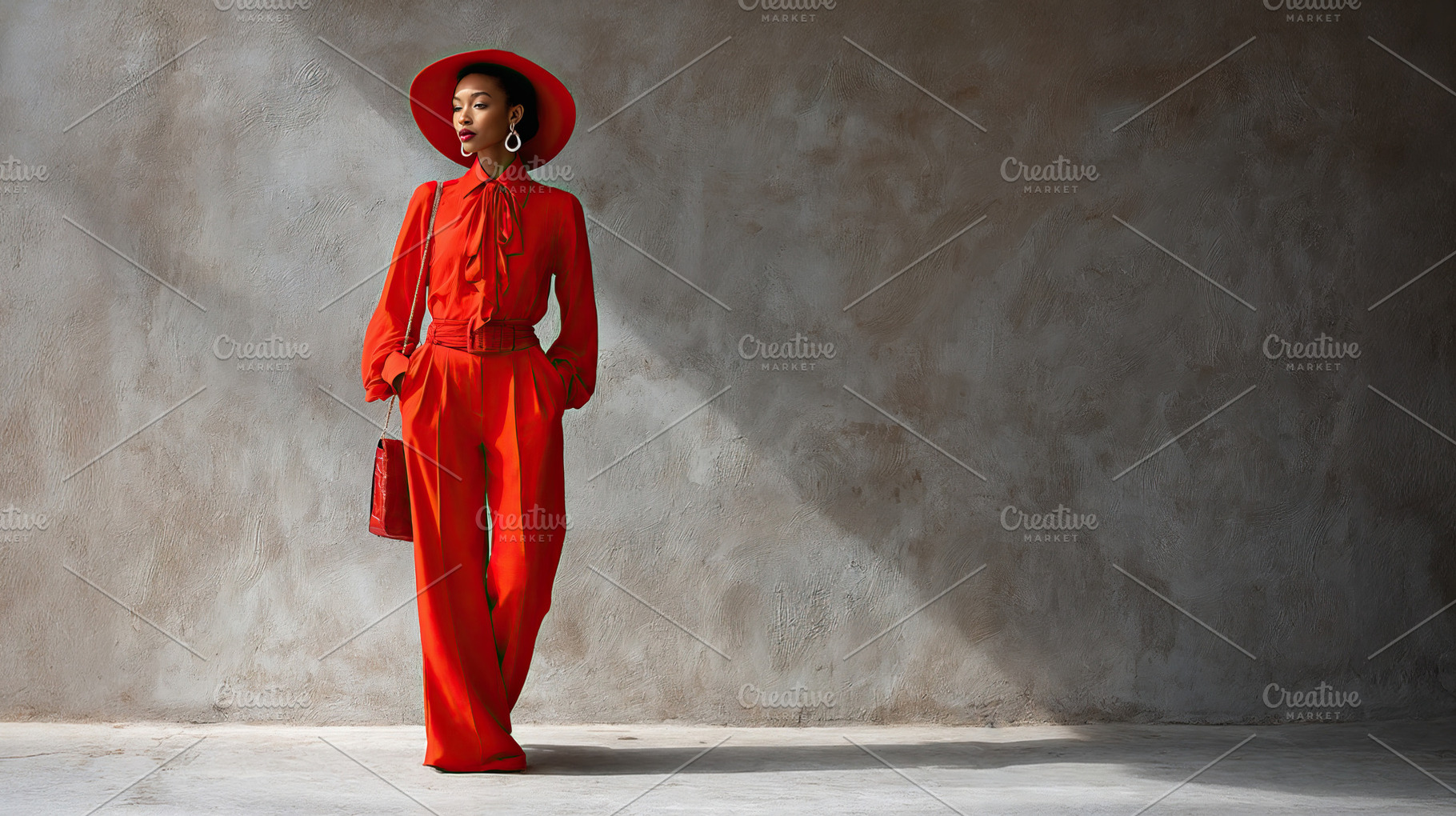 Stylish influencer woman showcases vibrant red outfit in minimalist setting, a Person Photo by OSORIOartist