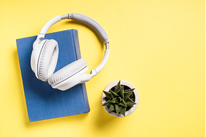 Headphones and books on yellow, a School & Education Photo by Nadia-nb