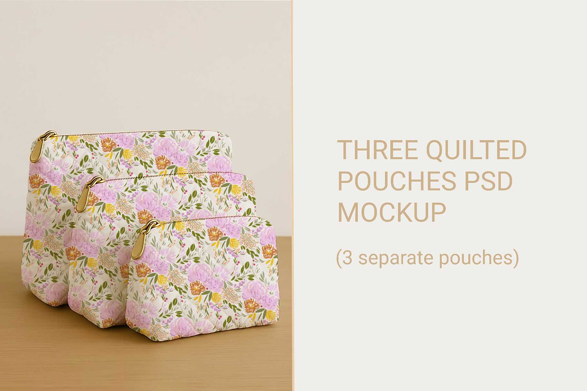 Three Quilted Pouches PSD MOCKUP, a Packaging Mockup by jenartstudio (Photo 2 of 2)