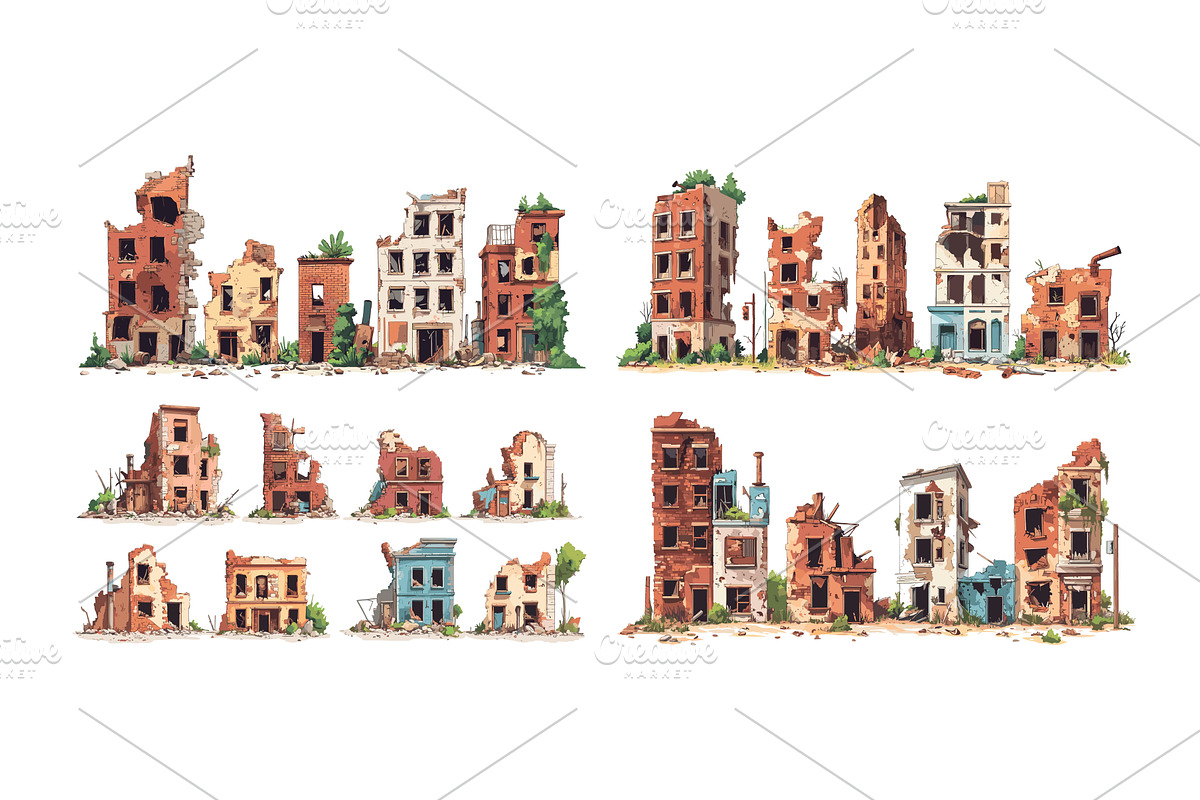 Cartoon destroyed city buildings, an Object Illustration by Stock-Smart-Start