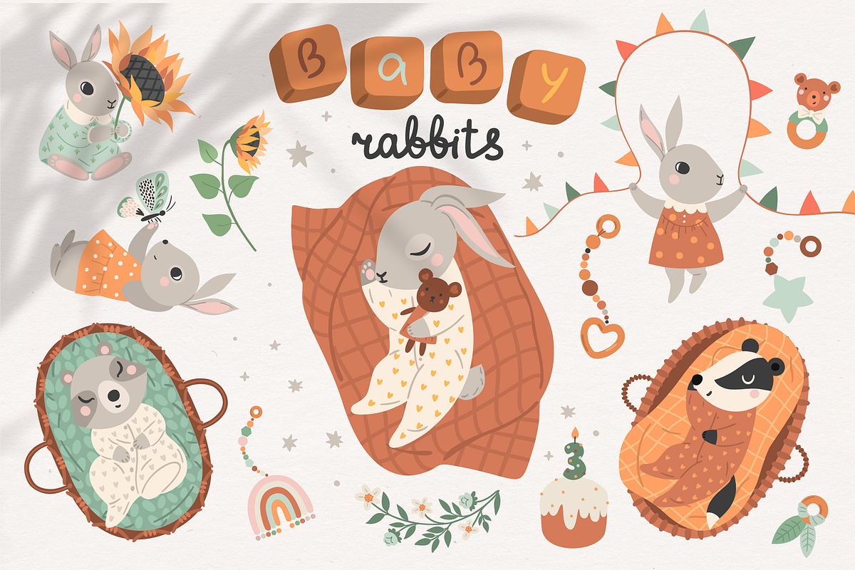 Baby Rabbit Illustrations Set, an Animal Illustration by OxanaTally (Photo 1 of 13)