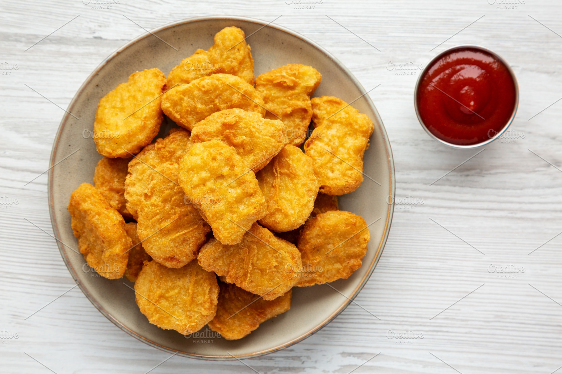 Homemade Chicken Nuggets with Ketchup, top view. Flat lay, overh, a Food & Drink Photo by LiudmylaChuhunova