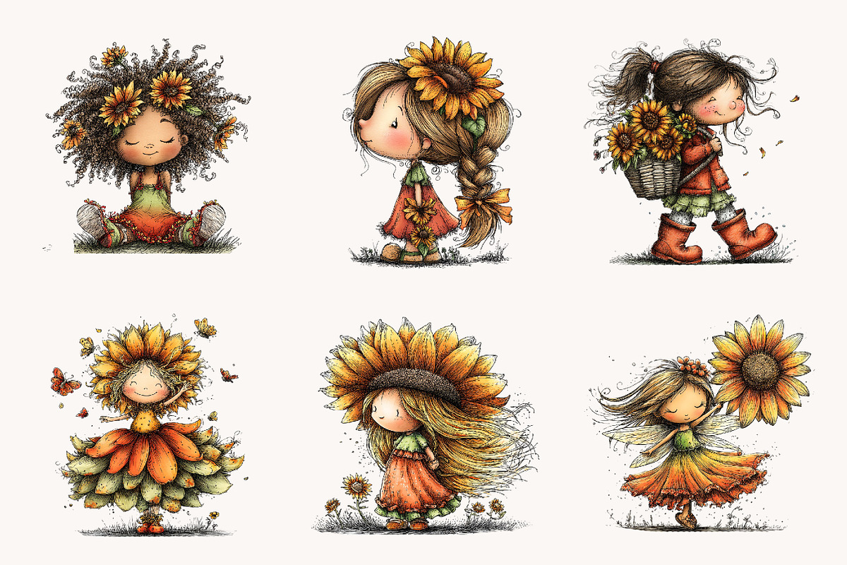 Whimsical Sunflower Girl Clipart, a Seasonal Illustration by Designworld (Photo 3 of 9)