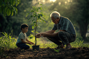 Old man and child planting a tree, a Photo by Pavel_design