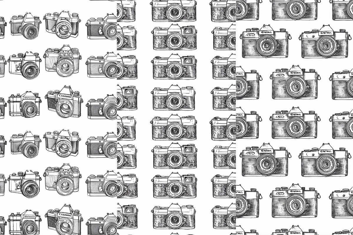 8 Handdrawn Vintage Camera Patterns, a Pattern Graphic by Inknfolly