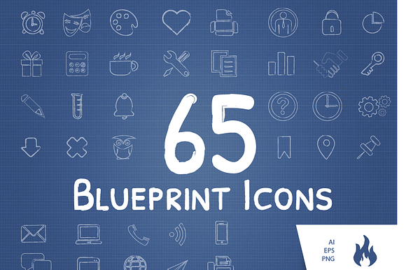 65 Blueprint Sketched Icon Set