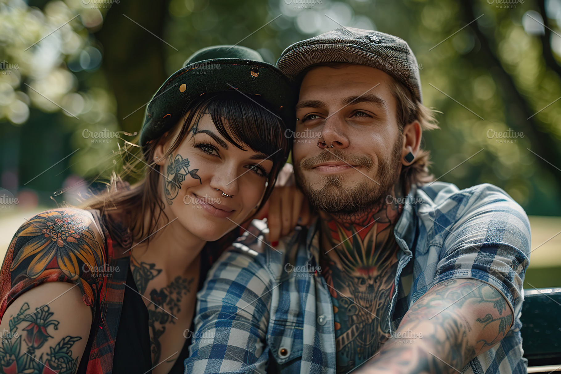Beautiful happy couple with a lot of tattoos sitting on bench in, a Person Photo by AlyaAnd