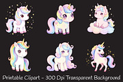 Cute Kawaii Unicorn Clipart PNG, an Animal Illustration by RobertsArt (Thumbnail 5 of 7)