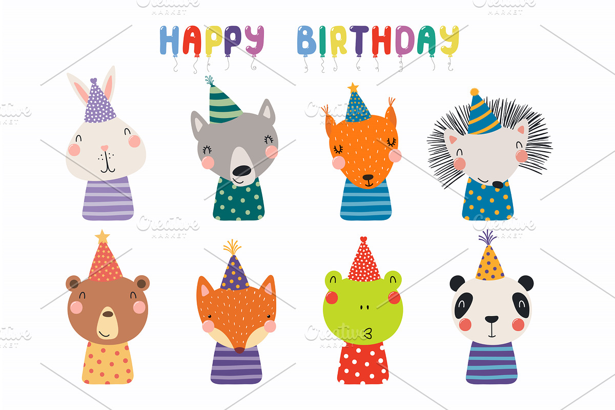 Cute little animals birthday set, an Animal Illustration by sceptical cactus