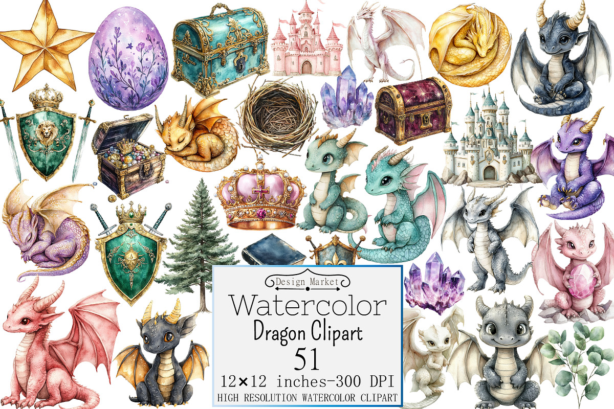 Watercolor Dragon Clipart, a Seasonal Illustration by Design Market (Photo 1 of 5)