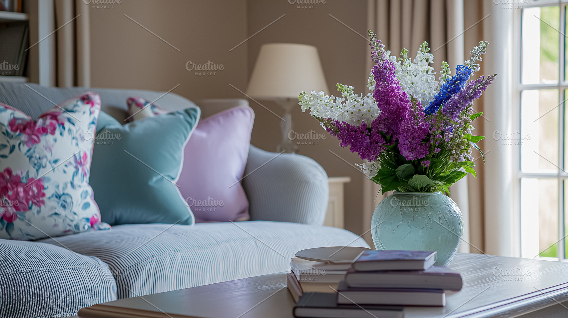 Cozy living room interior with fresh colorful flowers, sofa with decorative cus, an Architecture Photo by Studio ANNA