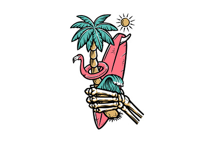 skull hand holding a surfboard