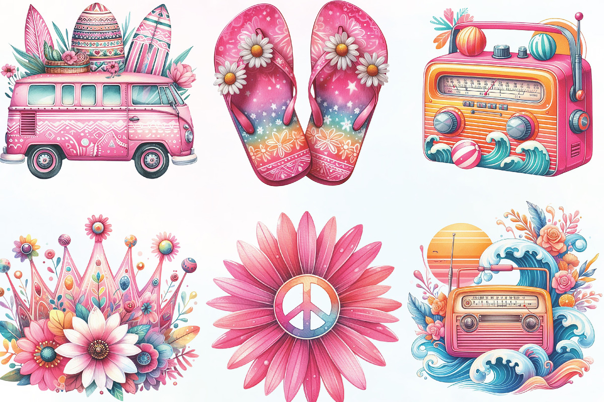 Pink Groovy Summer Clipart, an Illustration by CraftArtStudio (Photo 2 of 6)