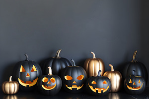 Elegant Halloween Black and Gold Pumpkin Display Setup, an Architecture Photo by Photostock