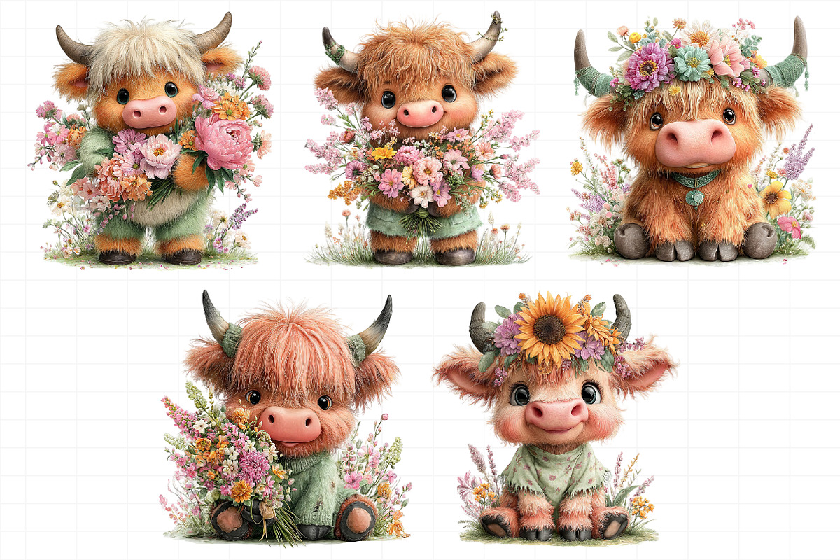 Watercolor Summer Highland Cow Clipa, an Illustration by Daily.Designs (Photo 6 of 8)