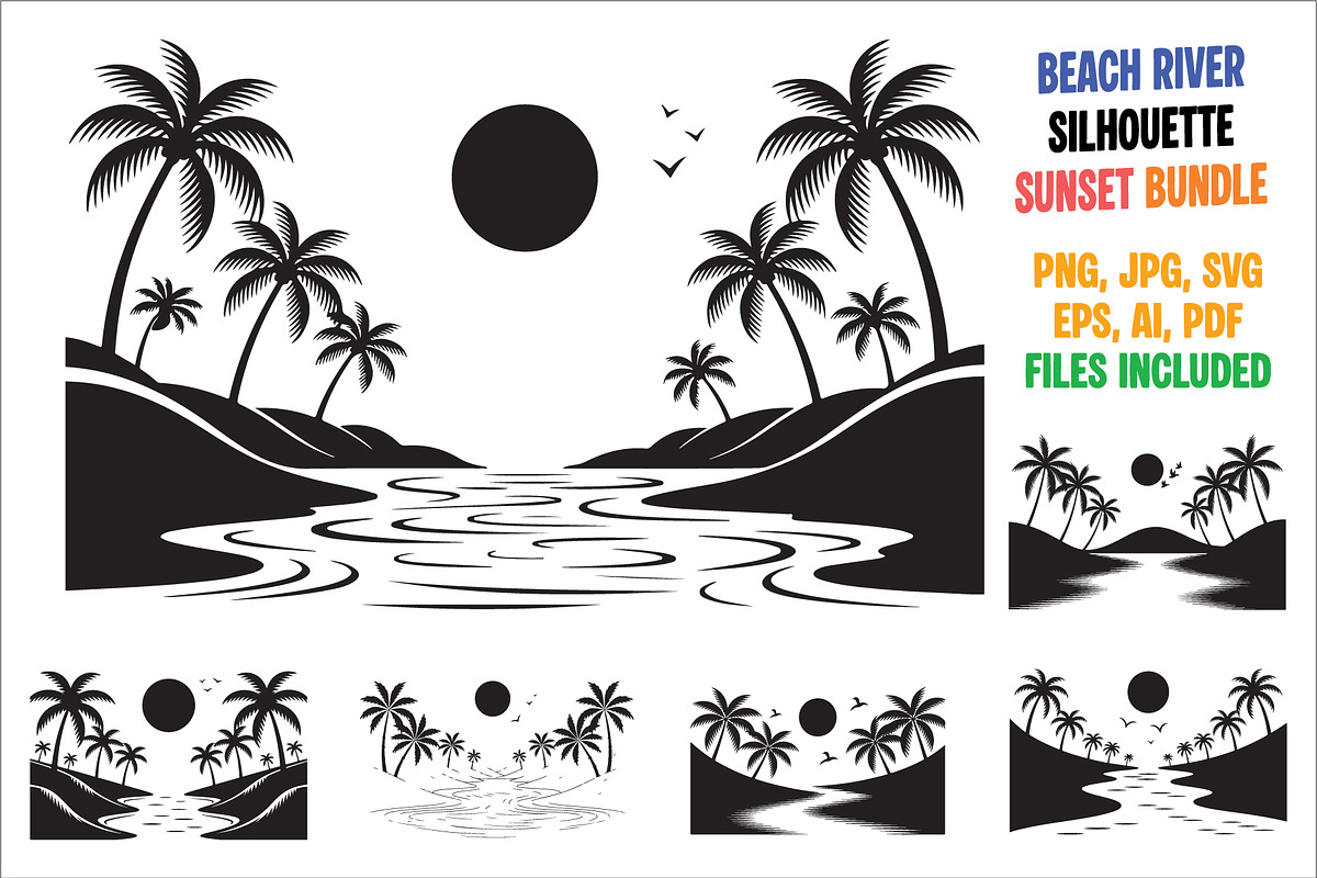 Beach sunset, silhouette bundle, an Illustration by Amazin_art (Photo 1 of 7)
