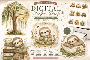 Sloth PNG Clipart Sticker Pack, an Animal Illustration by Nicole Branger Art