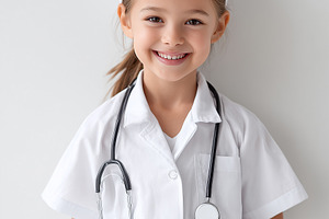 Smiling girl dressed as nurse with, a Health & Medical Photo by MistyDay