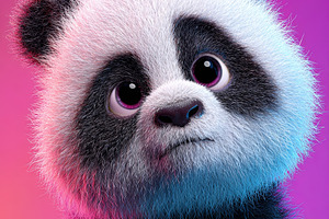 Cute fluffy panda bear with big eyes on a vibrant pink and purpl, an Animal Photo by Ales Munt
